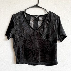 Like new! Fashion Nova Black Velour Lace Detail Crop Top